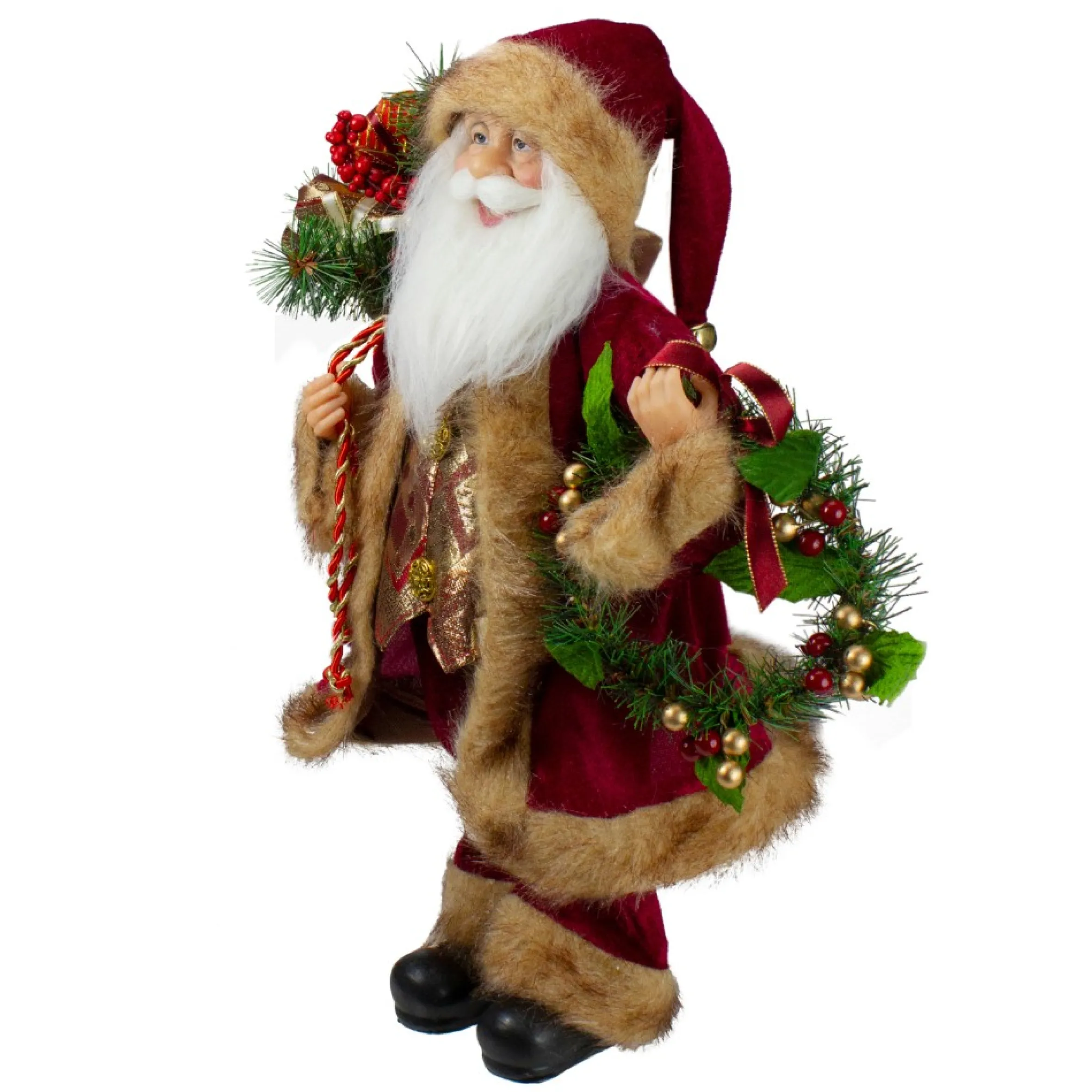 18" Red Santa Claus Holding A Wreath And Gift Bag Christmas Figurine