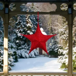 25.5" Red Tinsel Foldable Christmas Star Outdoor Decoration