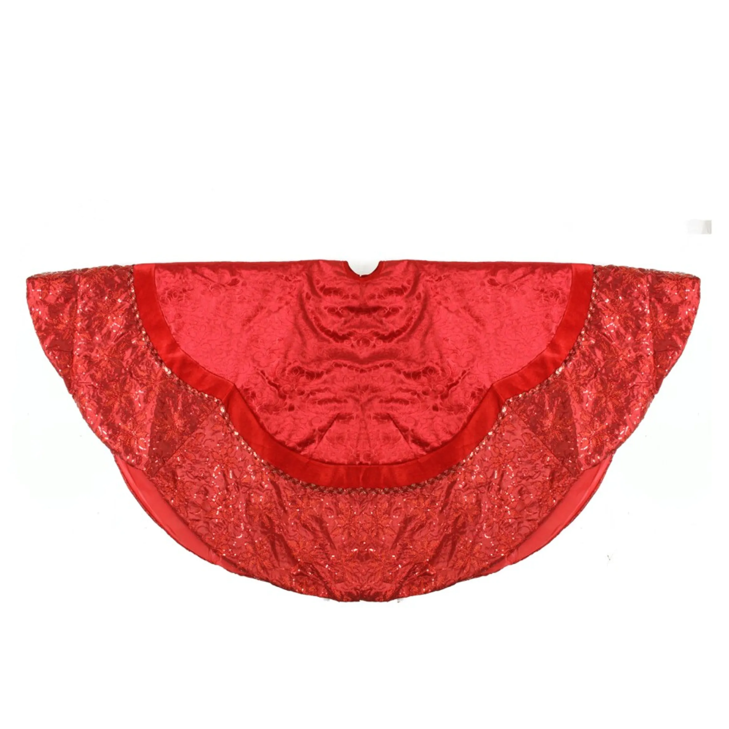 60" Red Velvet Damask Sequin Embroidered Poinsettia Trimmed Scalloped Edge Christmas Tree Skirt