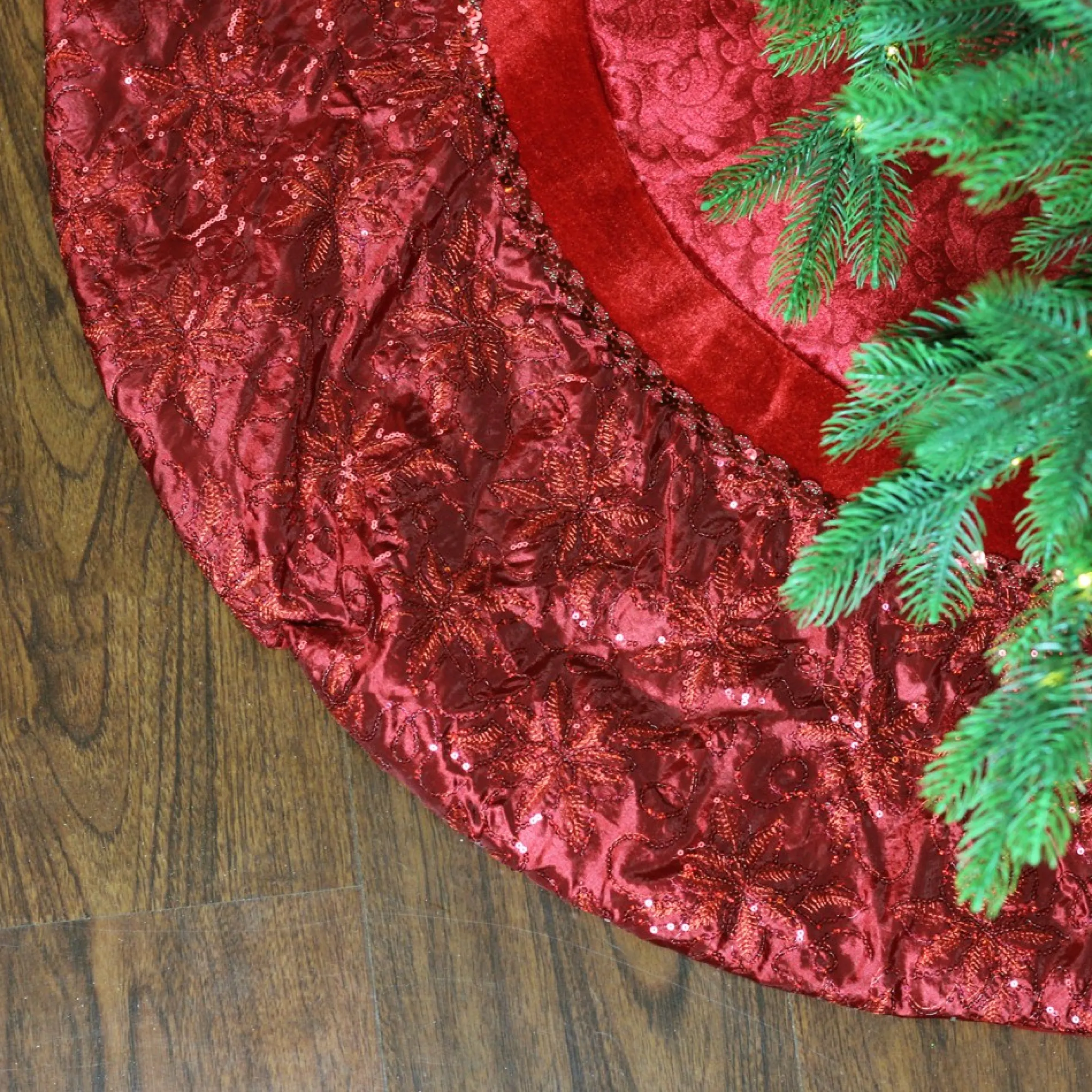 60" Red Velvet Damask Sequin Embroidered Poinsettia Trimmed Scalloped Edge Christmas Tree Skirt