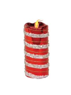 6" Red, White And Gold Striped Flameless Led Glass Christmas Pillar Candle