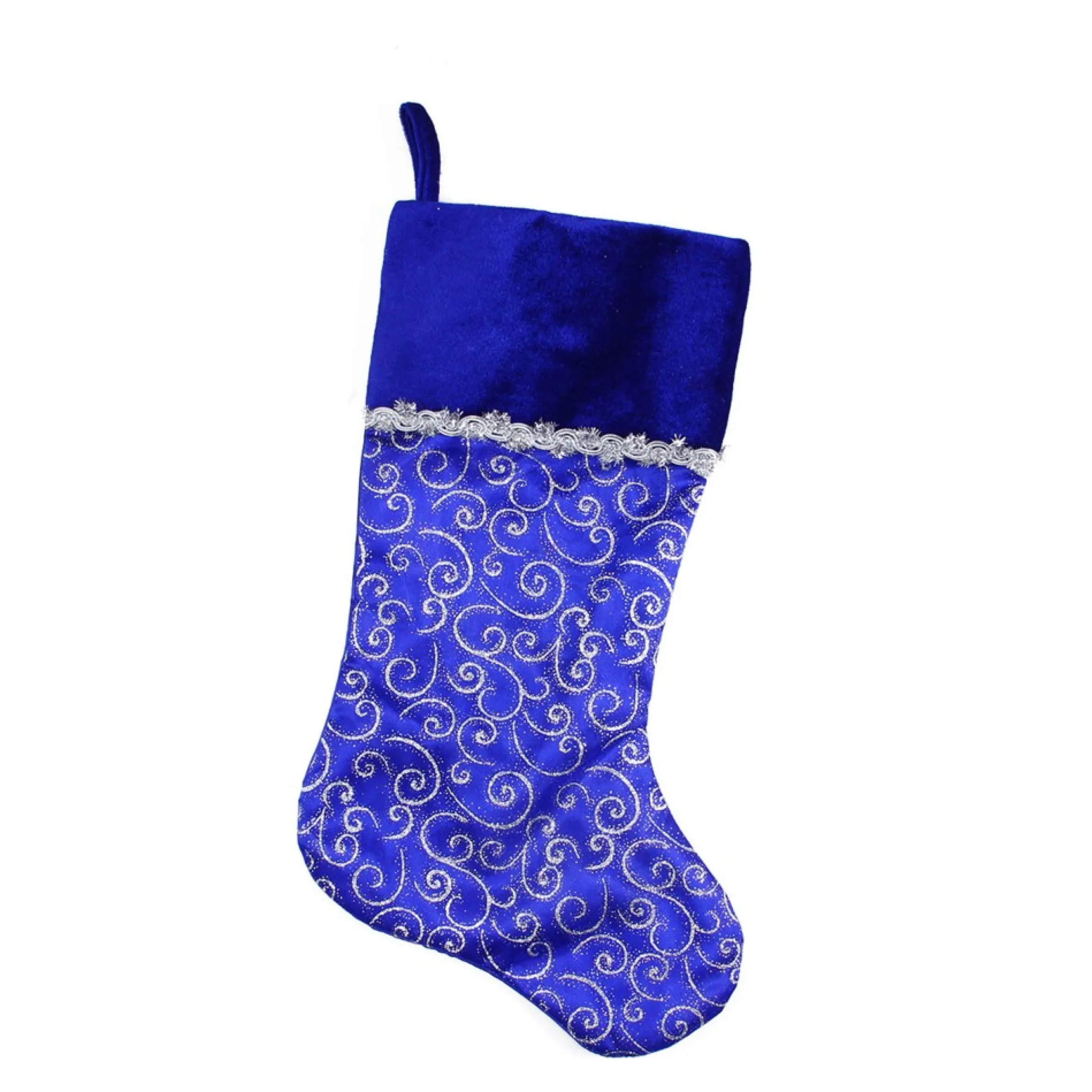 20.5" Royal Blue And Silver Swirl Christmas Stocking With Velveteen Cuff