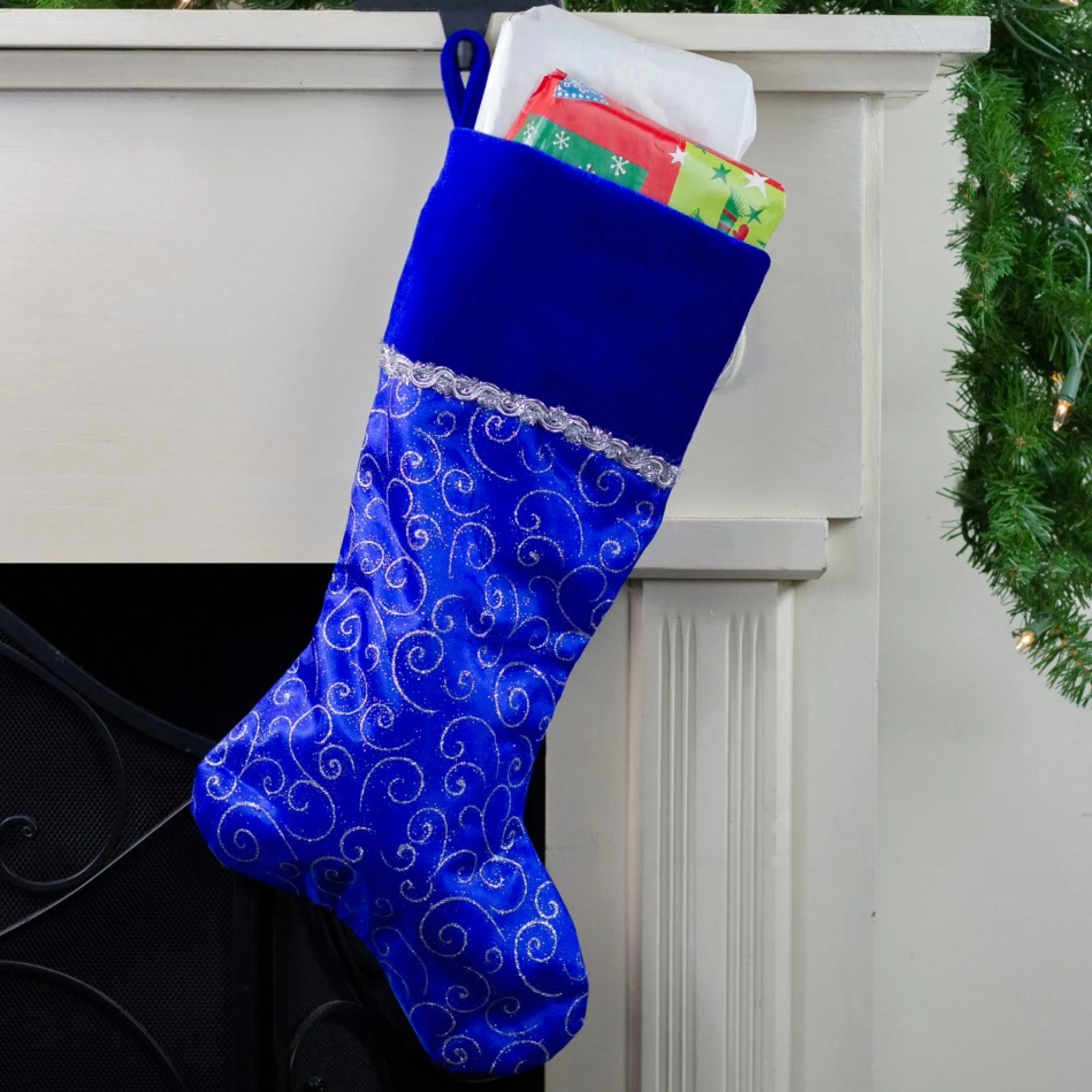 20.5" Royal Blue And Silver Swirl Christmas Stocking With Velveteen Cuff