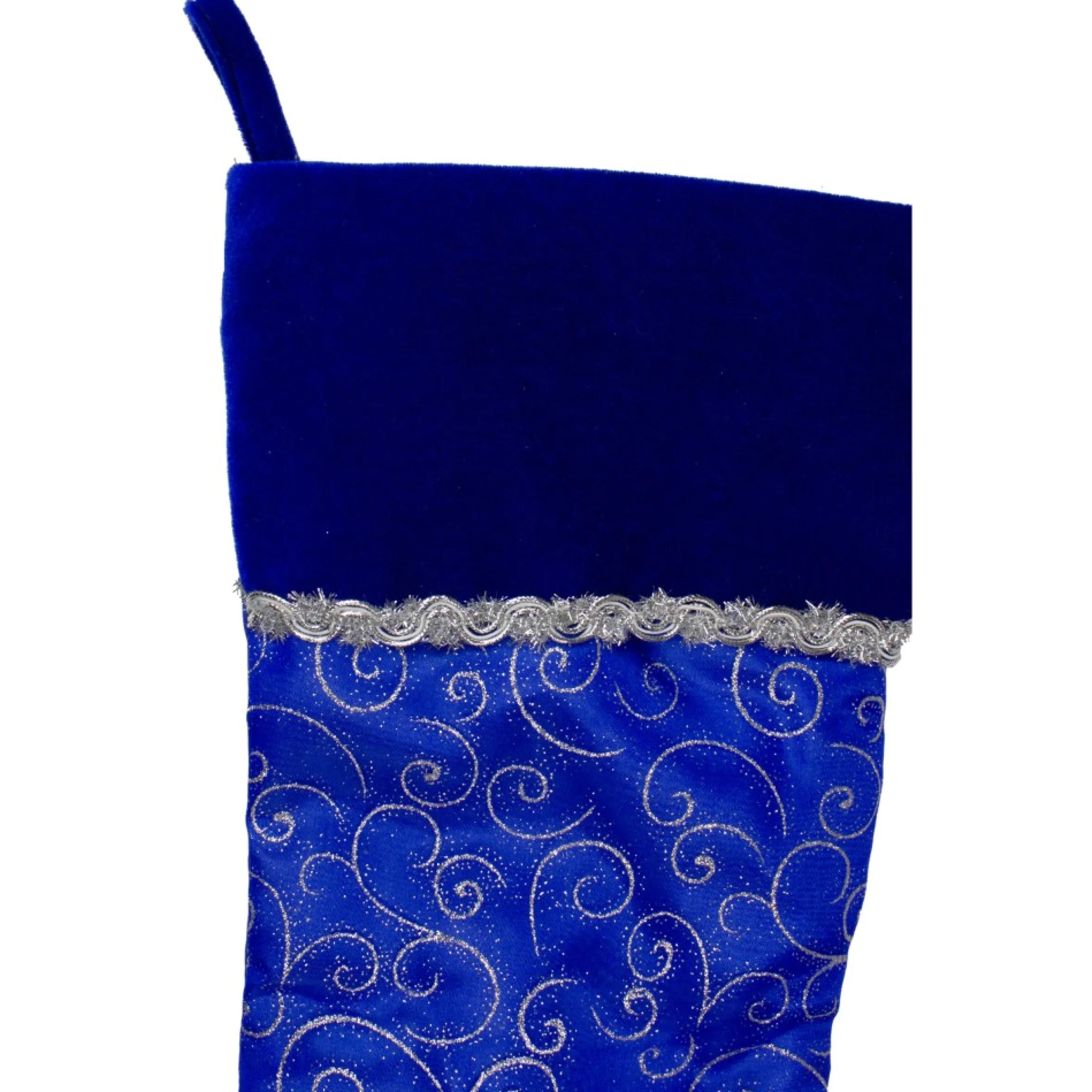 20.5" Royal Blue And Silver Swirl Christmas Stocking With Velveteen Cuff