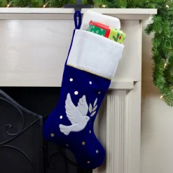 20.5" Royal Blue And White Velvet Dove With Olive Branch Christmas Stocking