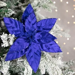 10" Royal Blue Glittered Poinsettia Floral Christmas Clip
