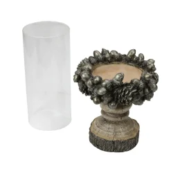 13" Rustic Acorn And Pinecone Tree Pillar Candle Holder With Glass Case