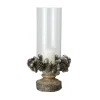 11" Rustic Acorn And Pinecone Tree Pillar Candle Holder With Glass Case