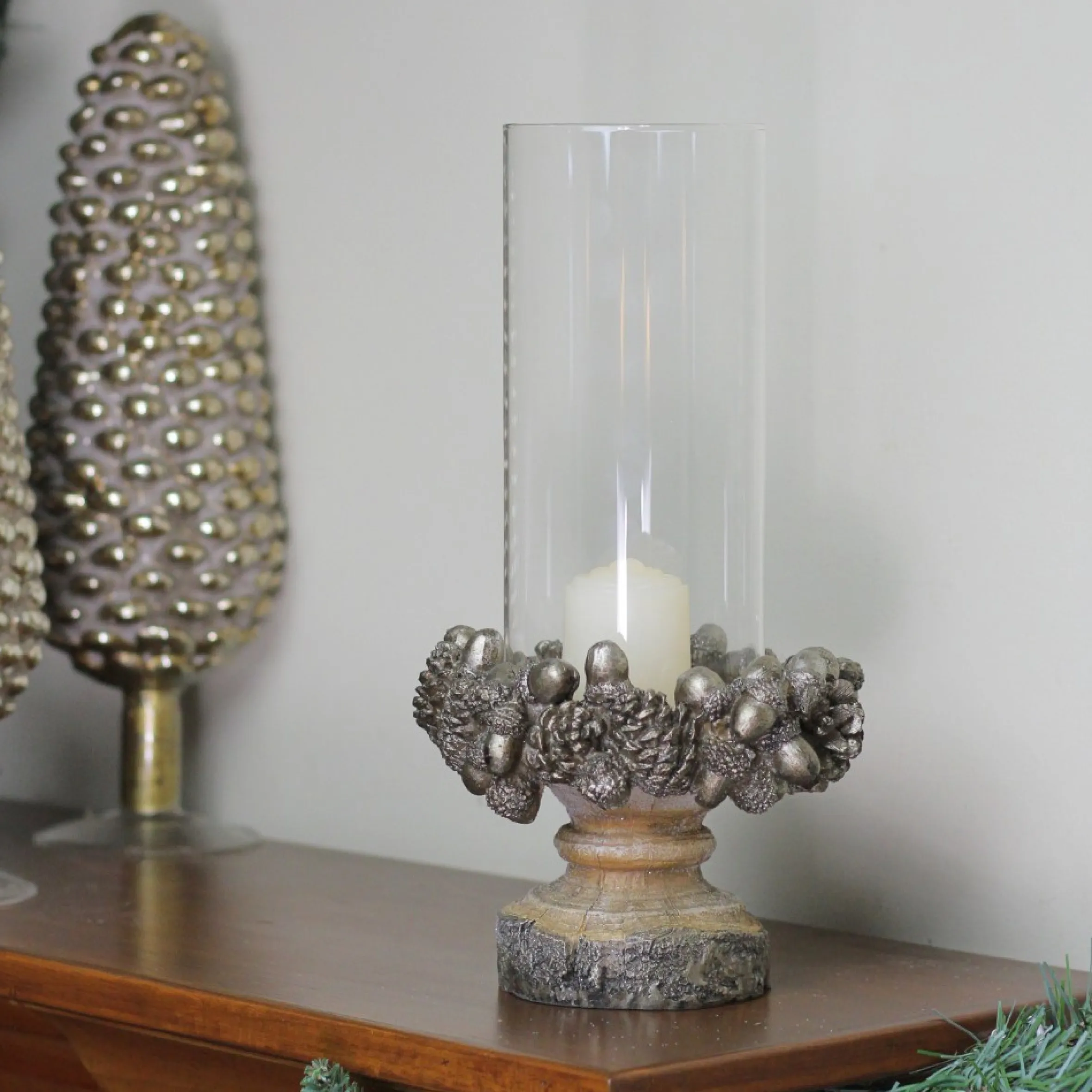 11" Rustic Acorn And Pinecone Tree Pillar Candle Holder With Glass Case