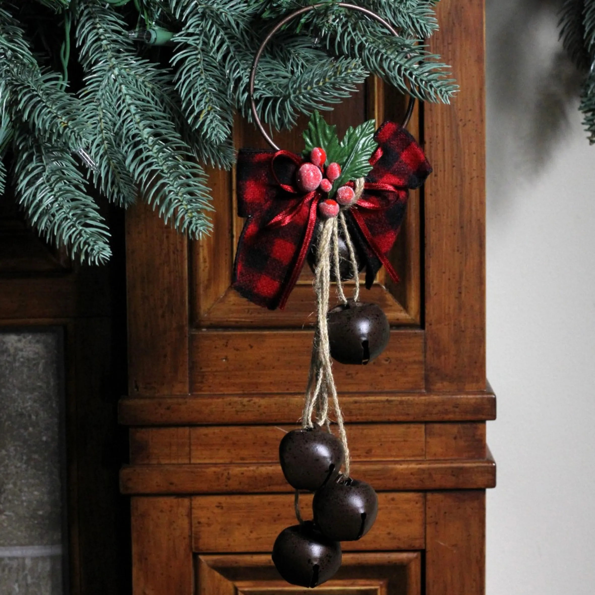 12" Rustic Bow With Round Bells Christmas Door Hanger