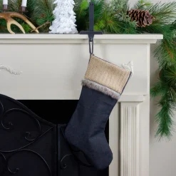 20" Rustic Burlap And Chambray Christmas Stocking