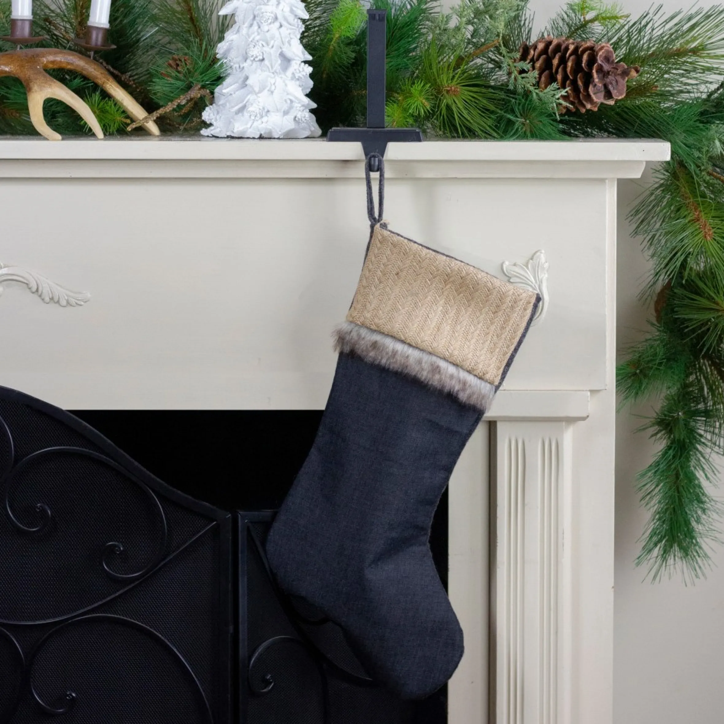 20" Rustic Burlap And Chambray Christmas Stocking