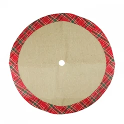 20" Rustic Burlap Mini Christmas Tree Skirt With Red Plaid Border