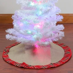 20" Rustic Burlap Mini Christmas Tree Skirt With Red Plaid Border