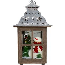 16.5" Rustic Wooden Snowman Holiday Scene Christmas Pillar Candle Lantern