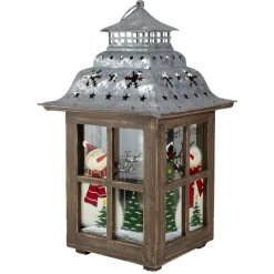 16.5" Rustic Wooden Snowman Holiday Scene Christmas Pillar Candle Lantern