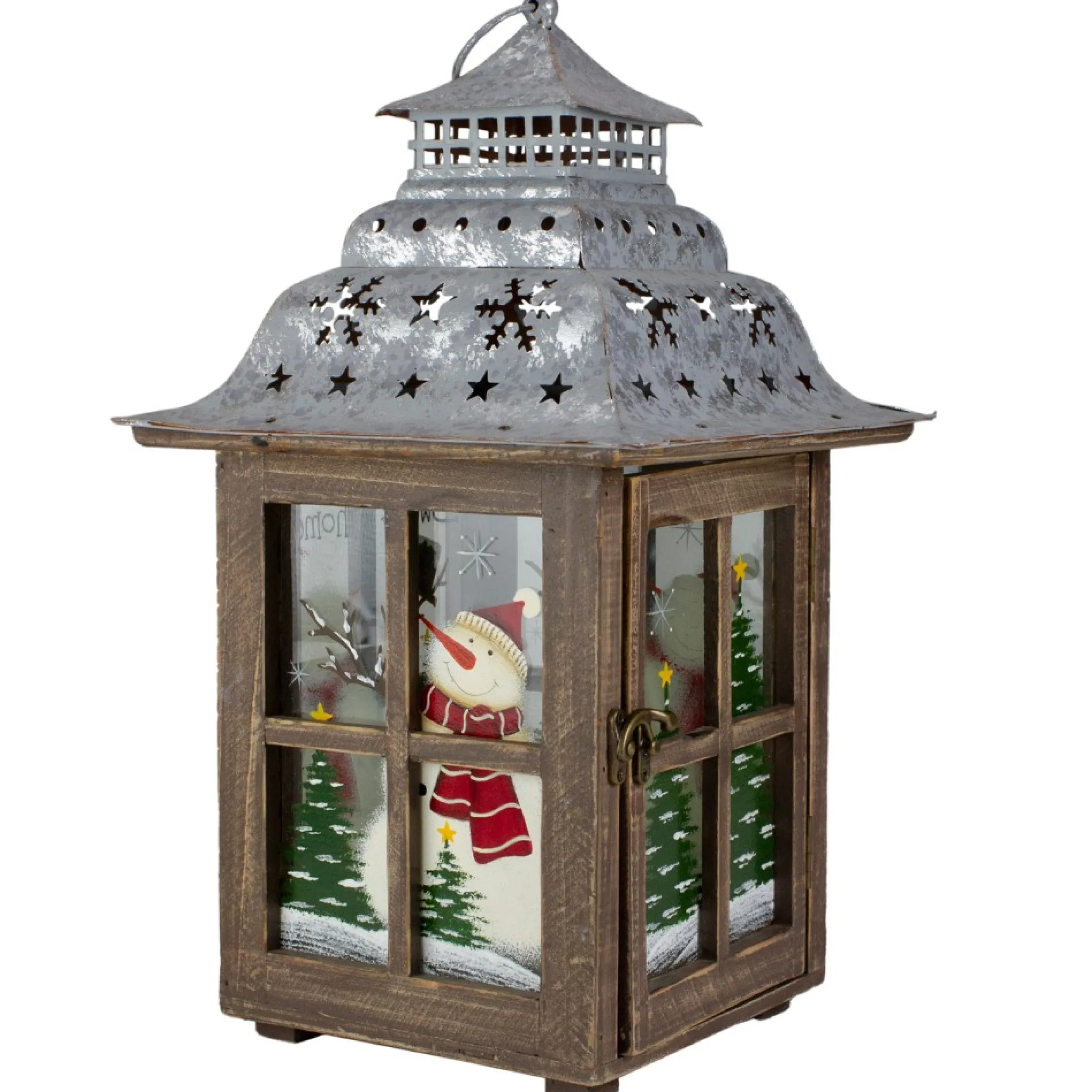16.5" Rustic Wooden Snowman Holiday Scene Christmas Pillar Candle Lantern