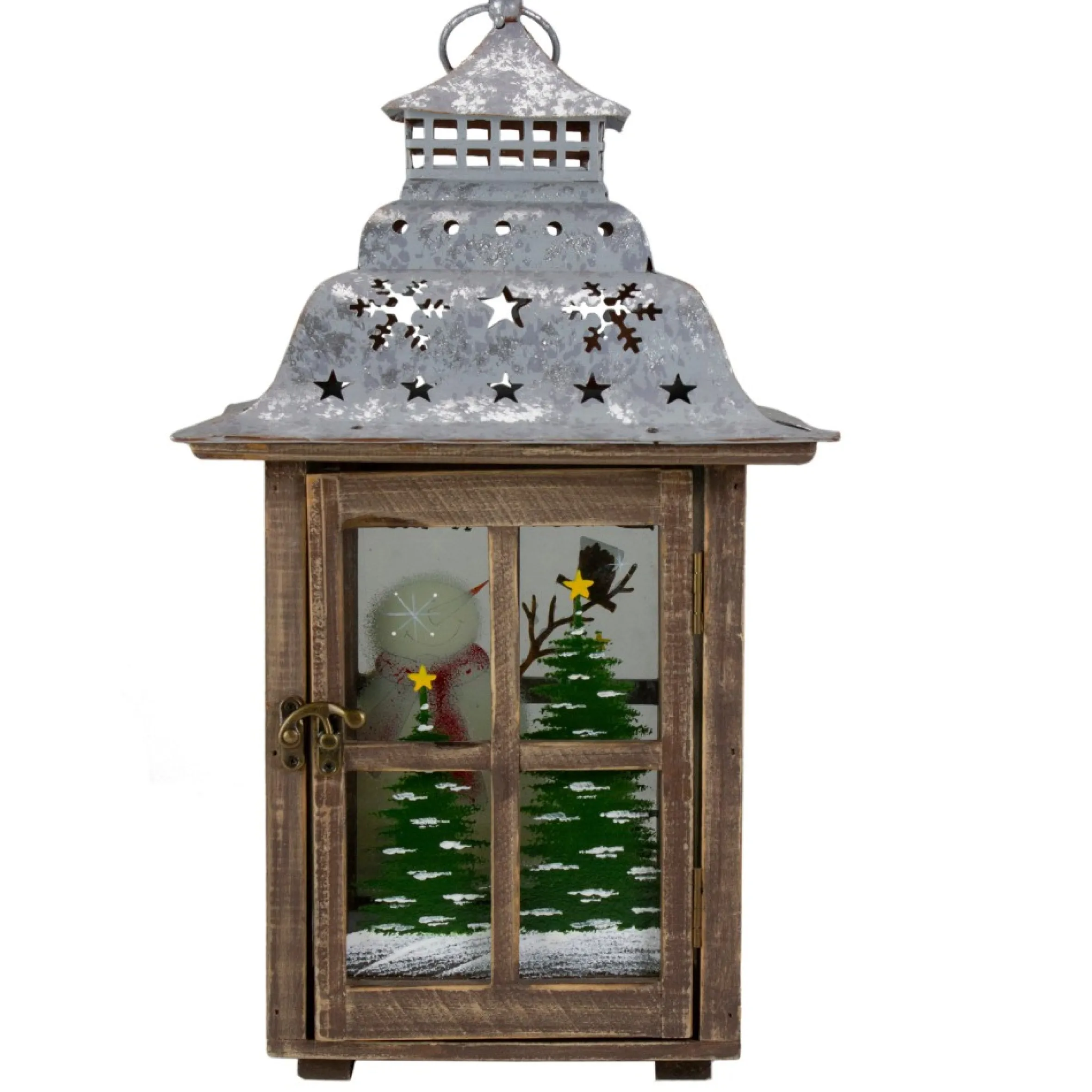 16.5" Rustic Wooden Snowman Holiday Scene Christmas Pillar Candle Lantern