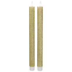 Set 2 Gold Glittered Flameless Led Taper Christmas Candles 11"