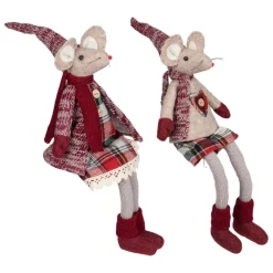 Set Of 2 Boy And Girl Sitting Plush Christmas Mice Figures 16