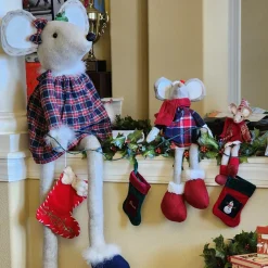 Set Of 2 Boy And Girl Sitting Plush Christmas Mice Figures 16
