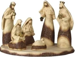 Set Of 7 Brown And Beige Wood Look Religious Christmas Nativity Set With Base 19"