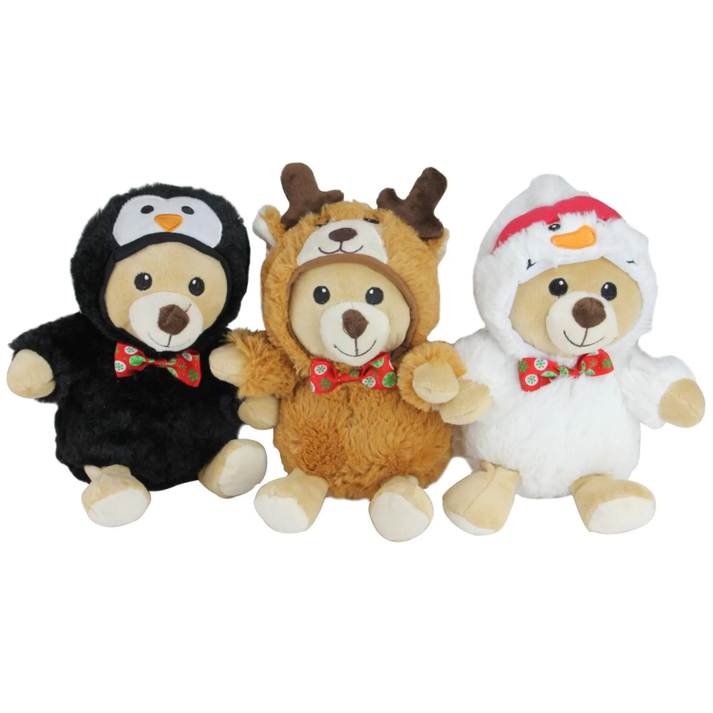 Set Of 3 Brown And Black Teddy Bear Stuffed Animal Figures In Christmas Costumes 8"