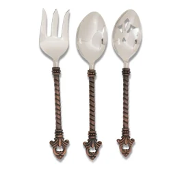 Set Of 3 Brown And Silver Colored Fleur De Lis Designed Hostess Flatware