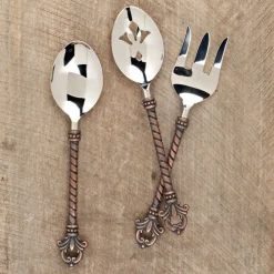 Set Of 3 Brown And Silver Colored Fleur De Lis Designed Hostess Flatware