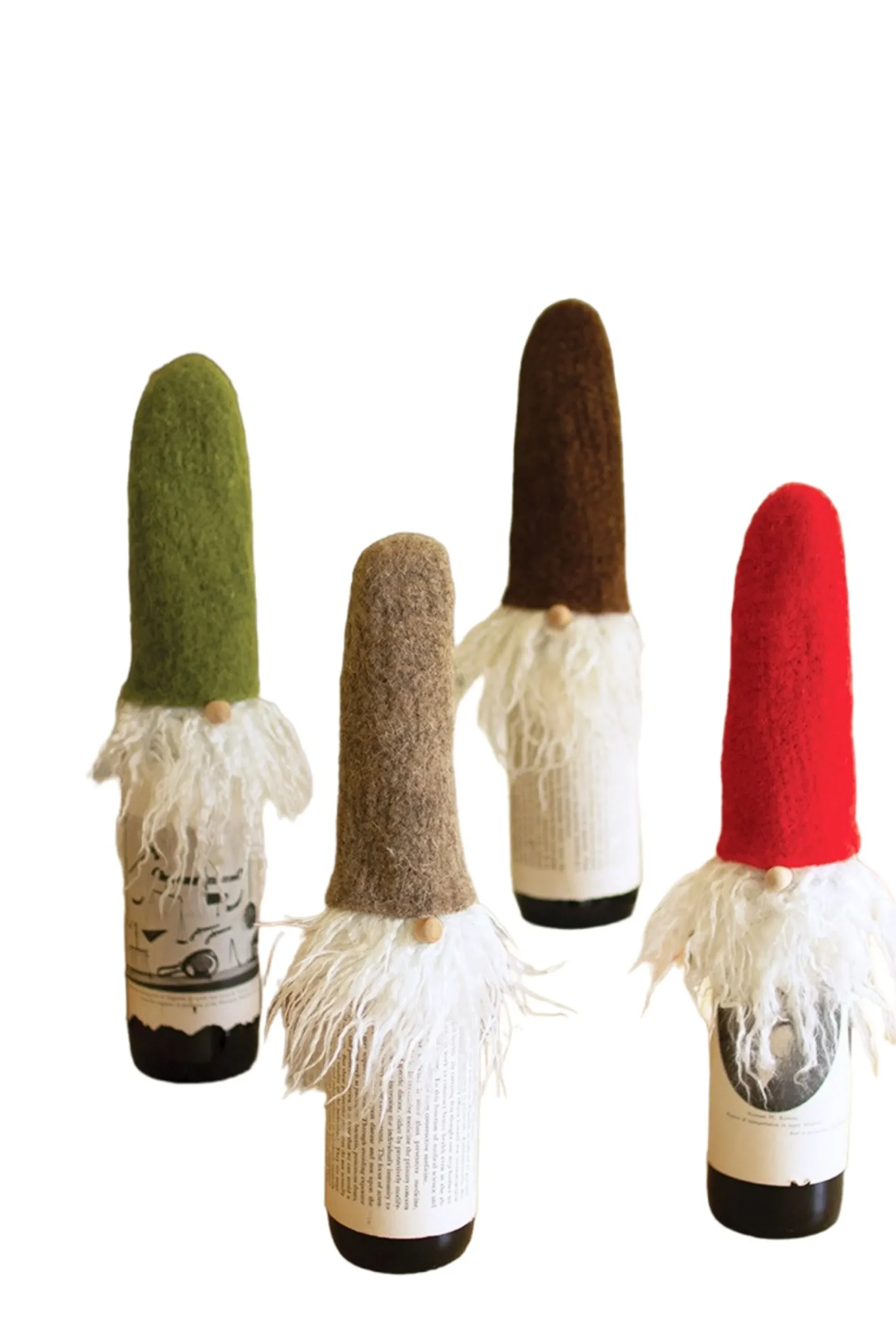 Set Of 4 Brown, Green, And Red Felt Gnome Wine Toppers With Wispy Beards