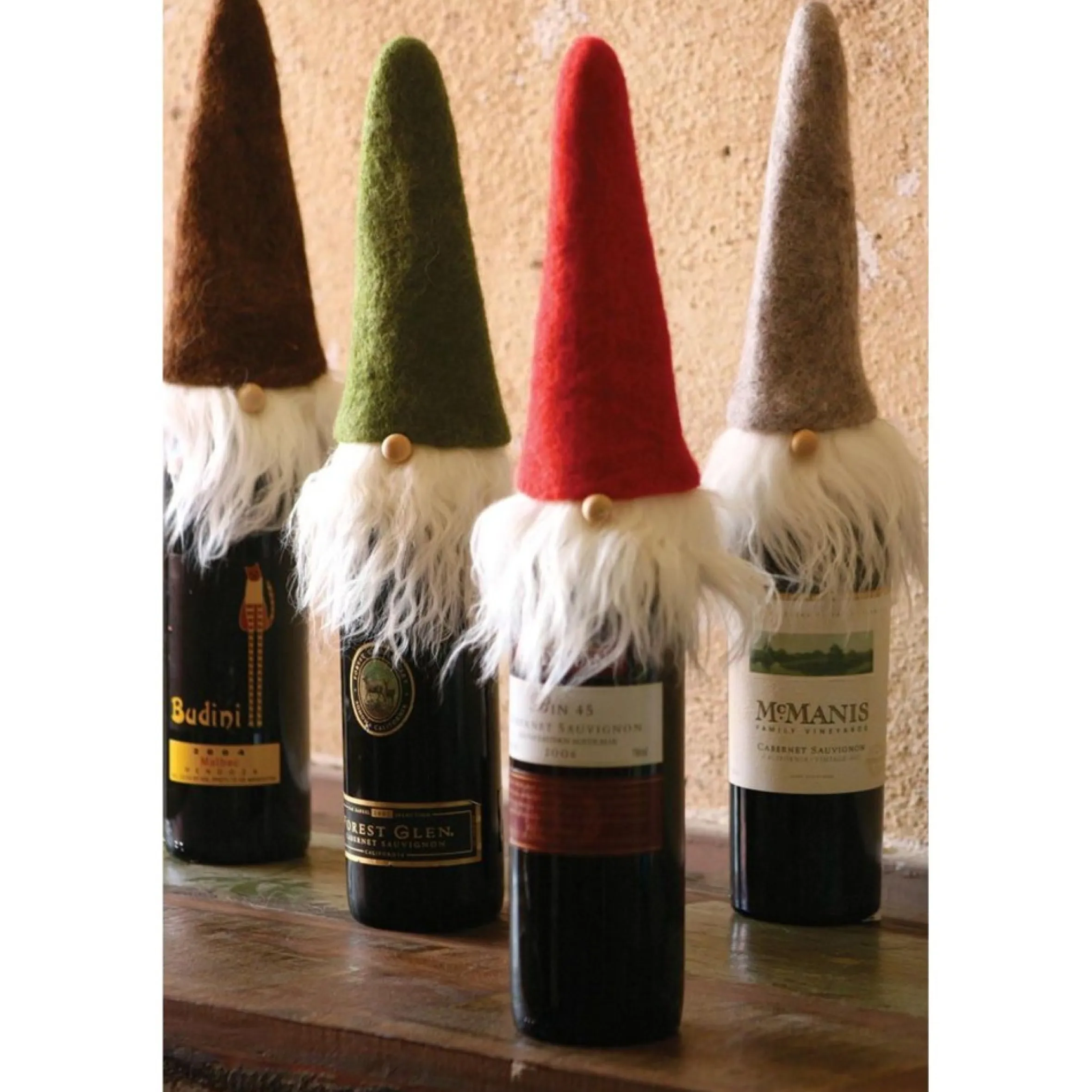 Set Of 4 Brown, Green, And Red Felt Gnome Wine Toppers With Wispy Beards