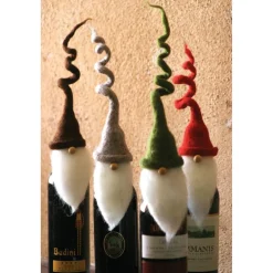 Set Of 4 Brown, Green, And Red Felt Santa Wine Bottle Stoppers