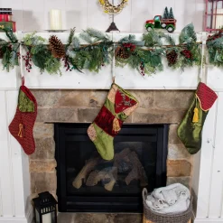 Set Of 3 Cotton White Christmas Mantle Garland And Stocking Hanger