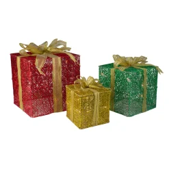 Set Of 3 Glittering Gift Box Set Lighted Christmas Outdoor Decoration