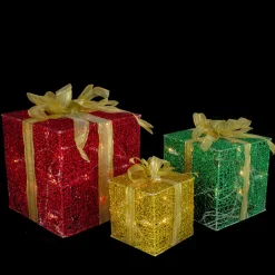 Set Of 3 Glittering Gift Box Set Lighted Christmas Outdoor Decoration