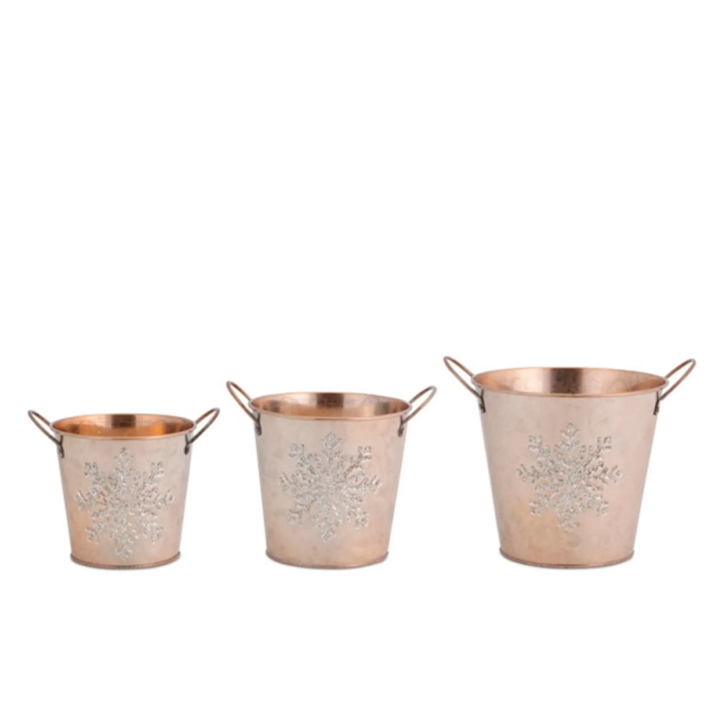 Set Of 3 Gold Colored With Silver Glitter Snowflake Designs Christmas Buckets 6.75"