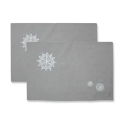 Set Of 2 Gray And White Embroidered Christmas Snowflakes Rectangular Placemats 18.5"