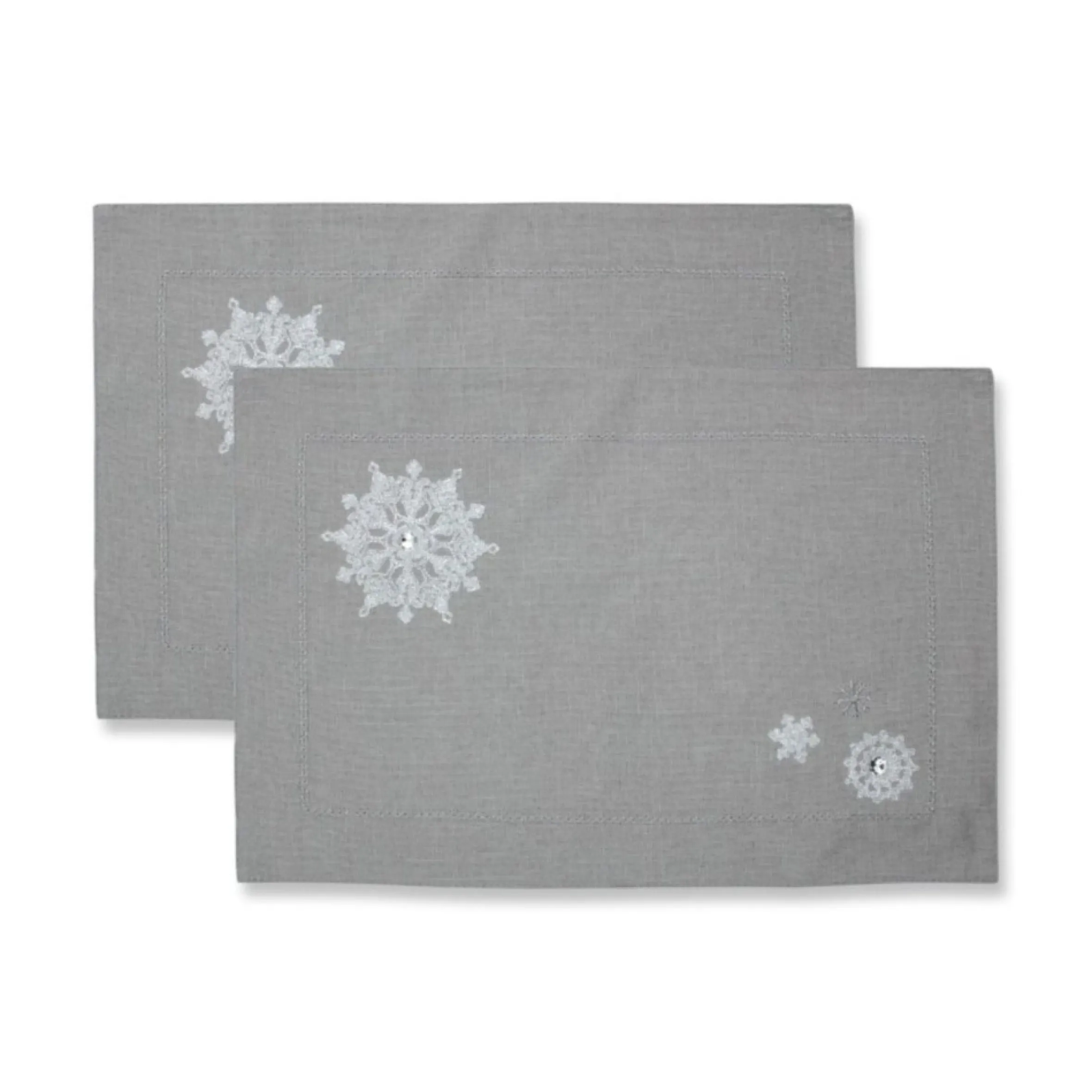 Set Of 2 Gray And White Embroidered Christmas Snowflakes Rectangular Placemats 18.5"