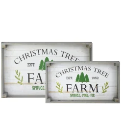 Set Of 2 Gray And White Farm Fresh Christmas Trees Wooden Tray Hanging Signs 21"