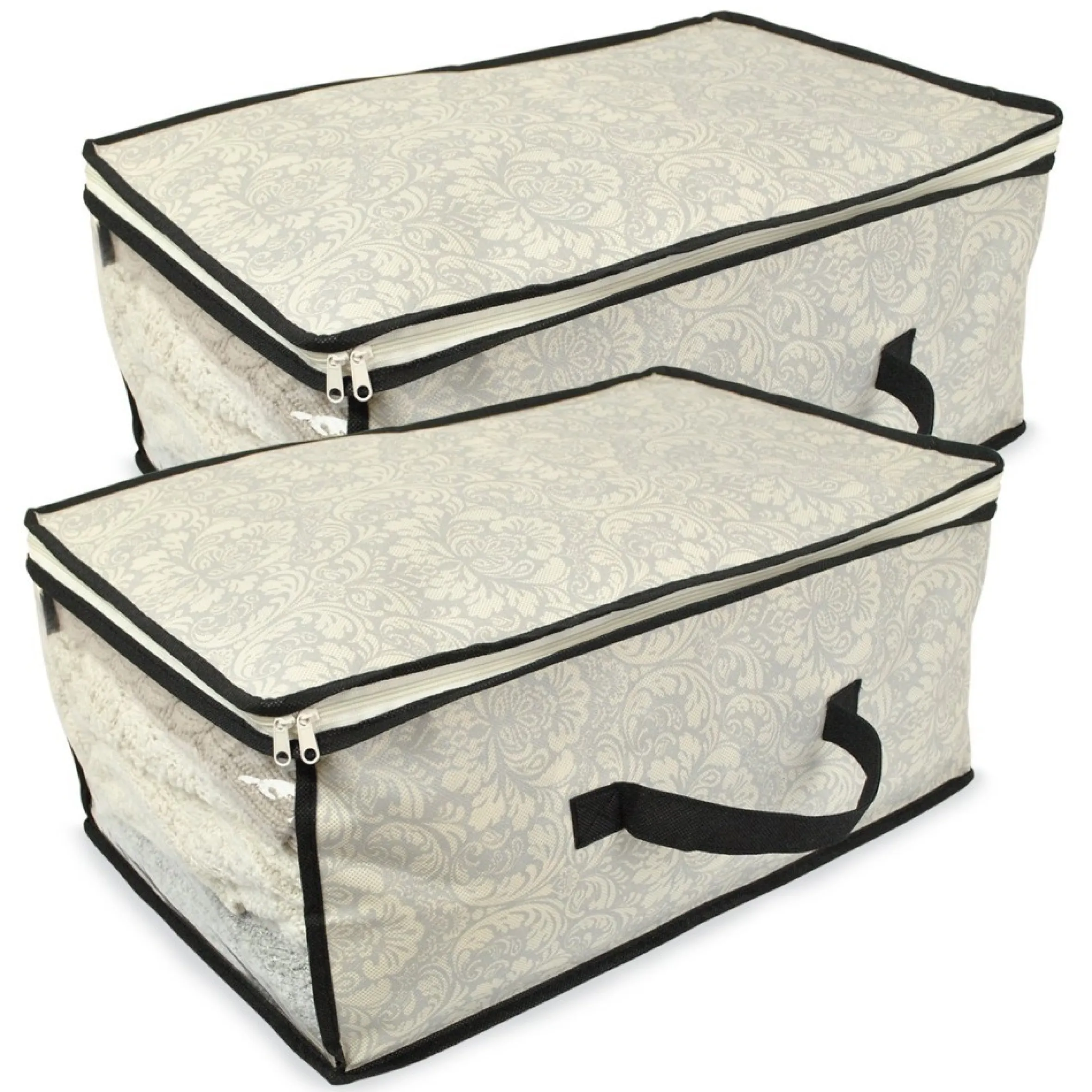 Set Of 2 Gray Damask Patterned Soft Storage Bins With Zipper Closure 18"
