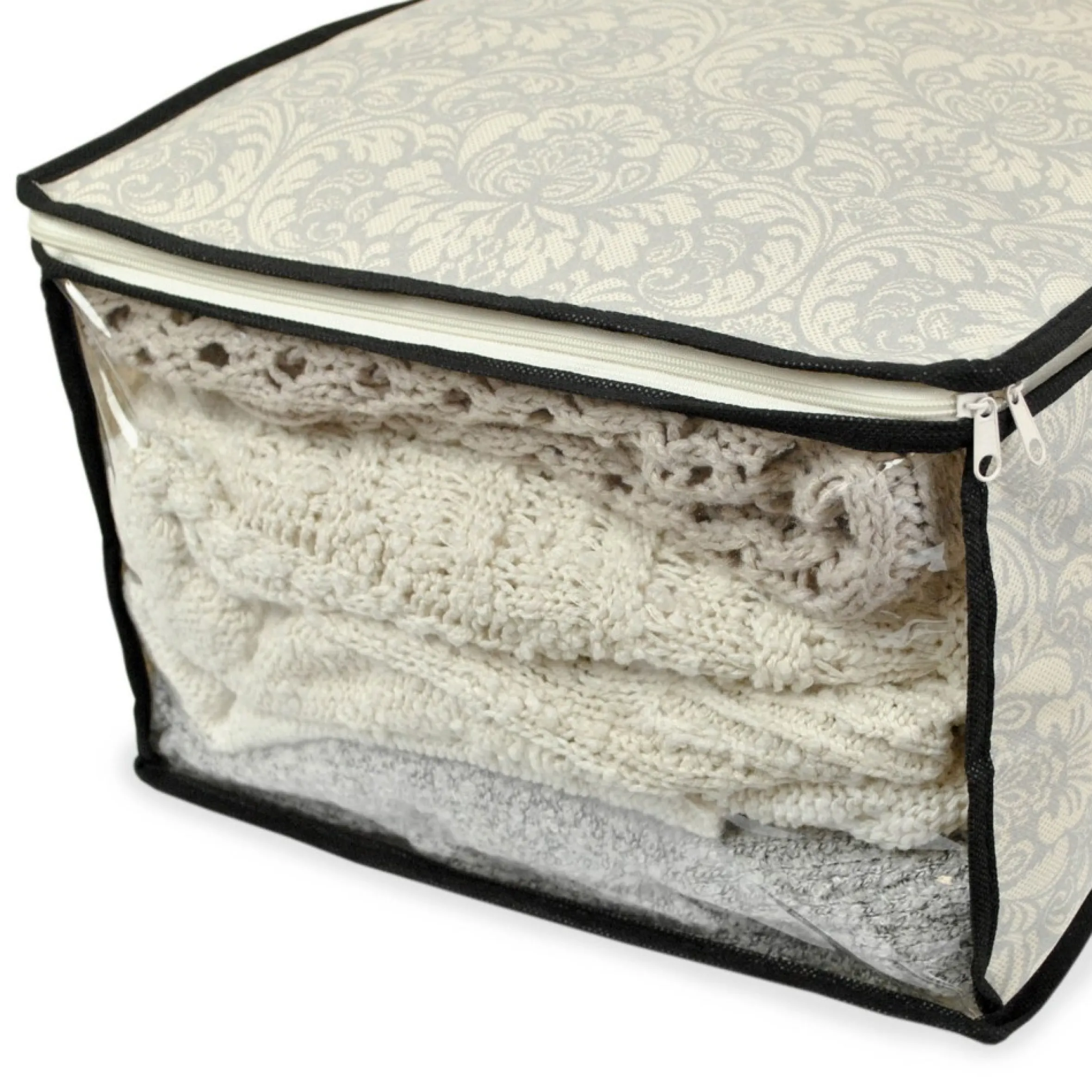 Set Of 2 Gray Damask Patterned Soft Storage Bins With Zipper Closure 18"