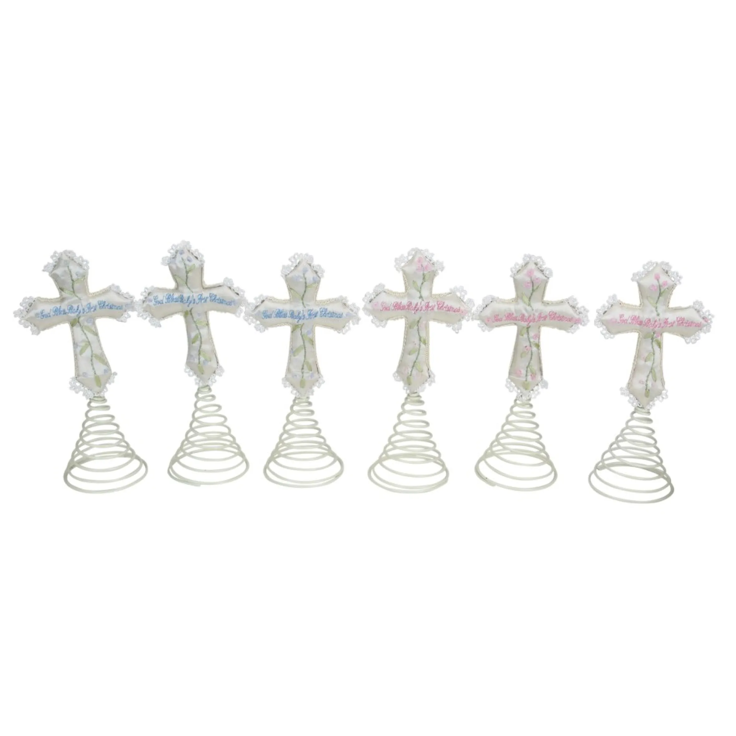 Set Of 6 Ivory And Green God Bless Baby's First Christmas Cross Tree Toppers 9"