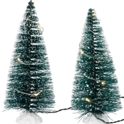 Set Of 2 Led Lighted Frosted Mini Bottle Brush Pine Christmas Village Trees - 6"