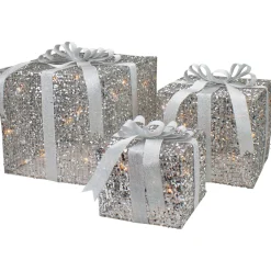 Set Of 3 Led Lighted Silver Glitter Threaded Gift Boxes Outdoor Christmas Decoration