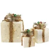 Set Of 3 Lighted Cream Gift Boxes With Twine Bows Outdoor Christmas Decorations 10"