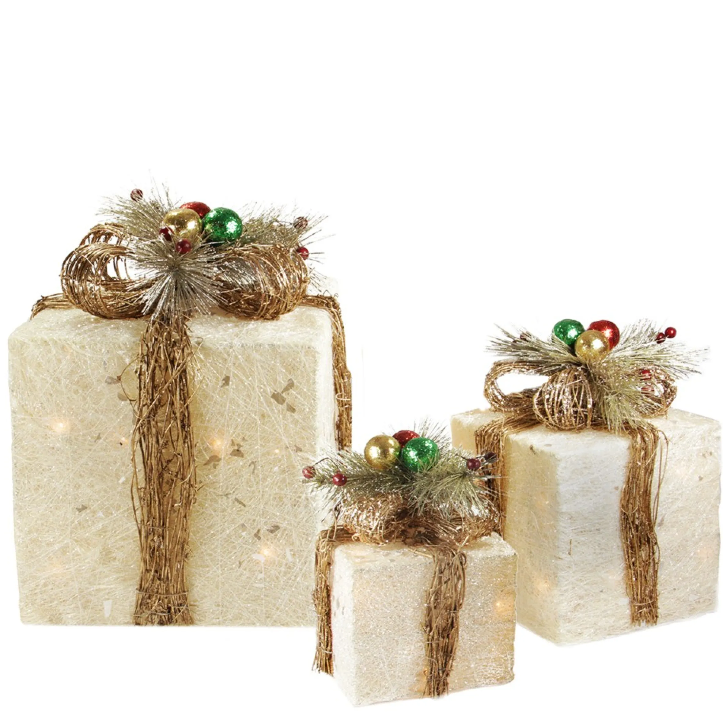 Set Of 3 Lighted Cream Gift Boxes With Twine Bows Outdoor Christmas Decorations 10"