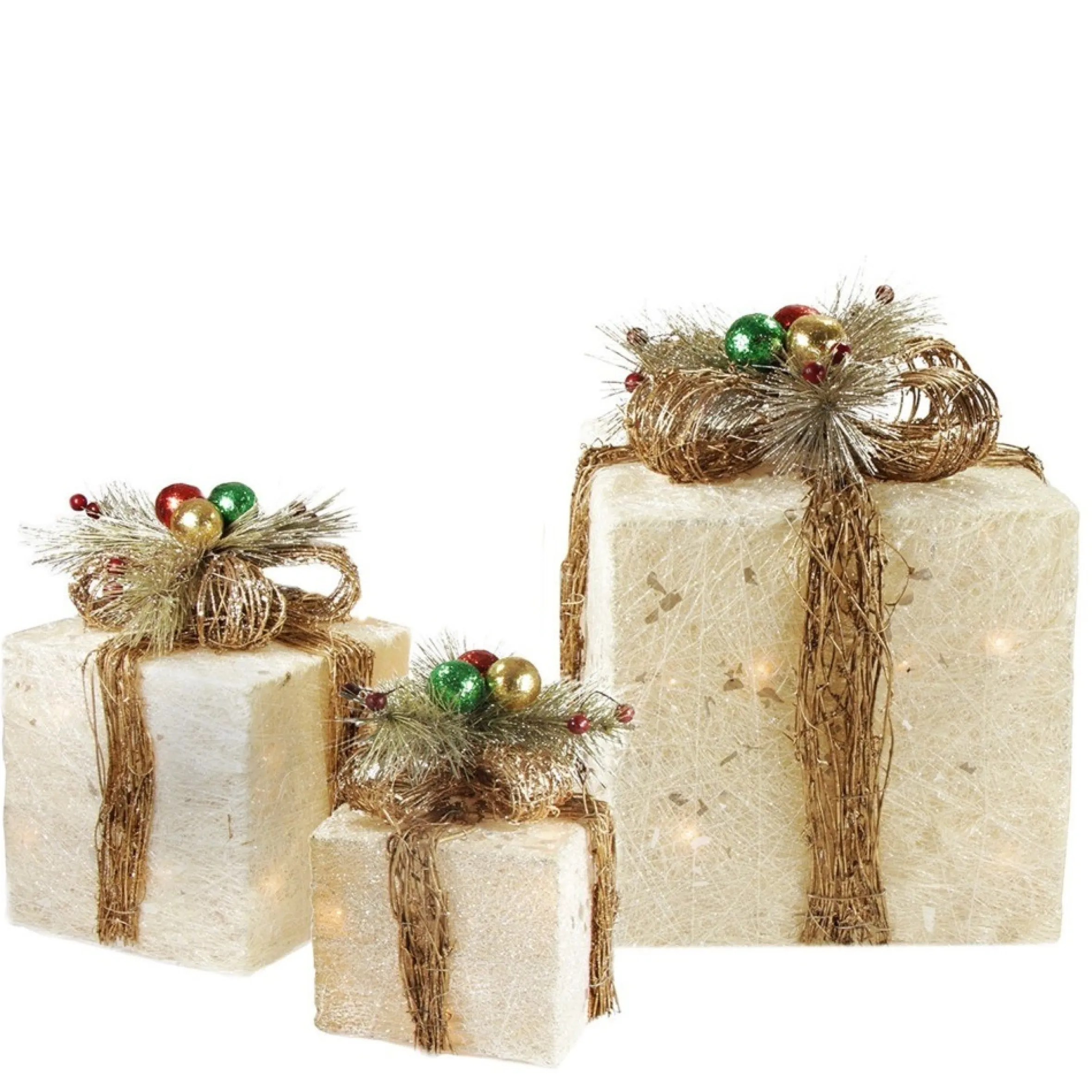 Set Of 3 Lighted Cream Gift Boxes With Twine Bows Outdoor Christmas Decorations 10"
