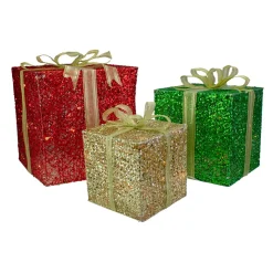 Set Of 3 Lighted Gift Box Outdoor Christmas Decoration 12-Inch