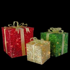 Set Of 3 Lighted Gift Box Outdoor Christmas Decoration 12-Inch