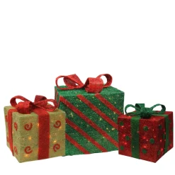 Set Of 3 Lighted Green And Red Gift Boxes Christmas Outdoor Decorations 16"